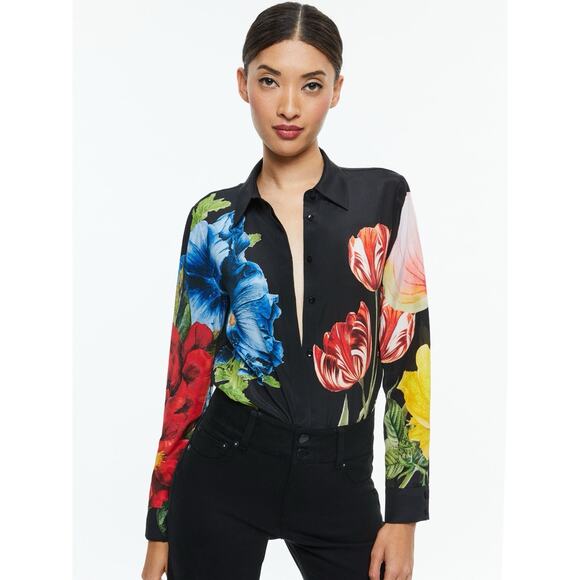 Alice and Olivia Willa Button Front Floral Silk Top Size XS Le Parisien $350 - Picture 1 of 14